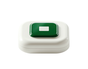 Creamy box with green button centered, lit from above