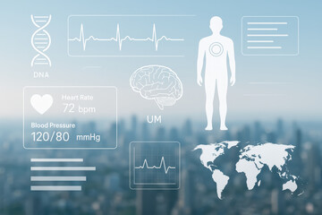 Medical data interface futuristic style over cityscape, including heart rate, blood pressure, DNA, brain, and human body icons, with clean soft focus background and global health concept