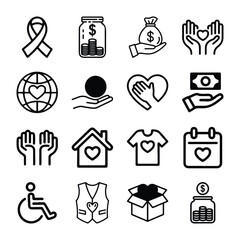 Charity and Donation Icon Set – Volunteering, Helping, Caring and Solidarity Vector