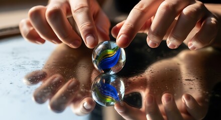Hands Gently Holding Marbled Glass Orb, Reflecting on Surface, Artistic Composition.