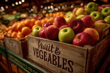 Fresh apples and oranges displayed in wooden crates at a vibrant market, showcasing colorful fruits and vegetables, inviting shoppers to explore healthy options and local produce