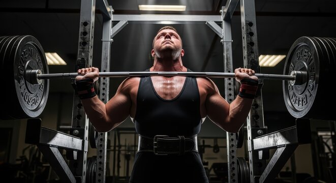 Young caucasian male powerlifter performing intense barbell squat in gym