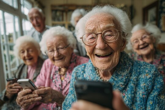 Group of elderly women with gray hair, smiling and using smartphones, enjoying technology together in a cozy indoor setting, showcasing joy and connection among seniors