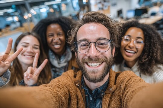 Group of diverse friends smiling and posing for a selfie in a modern office environment, showcasing camaraderie and joy in a collaborative workspace
