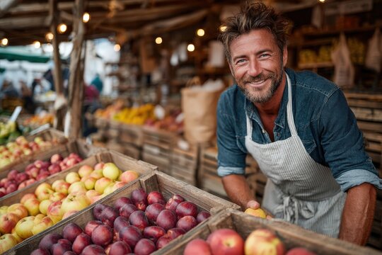 Smiling man with beard wearing apron stands at a vibrant fruit market, showcasing fresh apples and plums in wooden crates, embodying the essence of local produce and community - Powered by Adobe