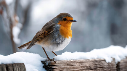 A red-breasted robin perched on a snow-covered fence, the soft winter light illuminating its feathers