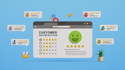 Customer satisfaction survey concept. Users rating, online experiences review, Customers feedback comments and review., Quality of service, business reputation. 5 star customer reviews.3D illustration