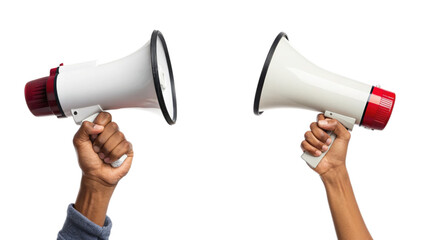 Two hands holding megaphones isolated on transparent background, communication concept