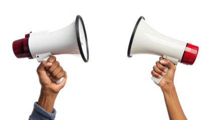 Two hands holding megaphones isolated on transparent background, communication concept