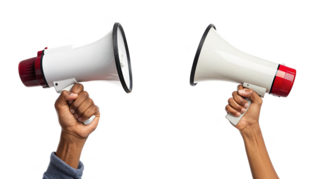 Two hands holding megaphones isolated on transparent background, communication concept