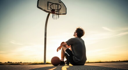 Pensive young caucasian male contemplating sunset on basketball court