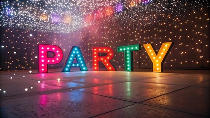 Illuminated marquee letters spell out party with festive sparklers