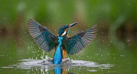 Vibrant Kingfisher Bird Splashing Water Wings Spread Wide