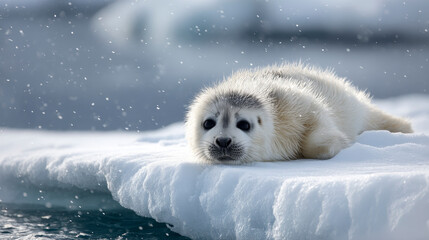 A seal pup resting on a snowy ice floe, with snowflakes swirling gently around its white fur