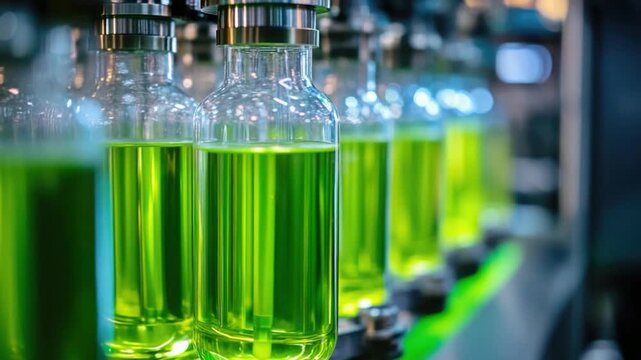 A row of glass bottles filled with a mysterious green liquid