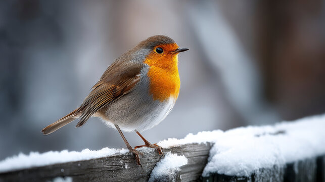 A red-breasted robin perched on a snow-covered fence, the soft winter light illuminating its feathers - Powered by Adobe