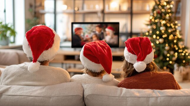 Family enjoying Christmas movie night, wearing Santa hats, creating a cozy holiday atmosphere at home. - Powered by Adobe