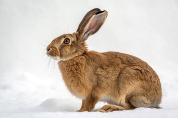Naklejka premium Brown Rabbit Sitting Quietly on White Snow During a Winter Day