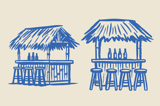 Tiki bar tropical sketch straw roof hand-drawn vector illustration