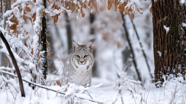 A snow-covered forest with a hidden bobcat creeping silently through the underbrush, eyes fixed on its prey