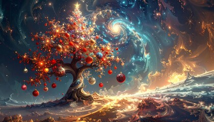 Festive tree adorned with ornaments against a swirling cosmic nebula