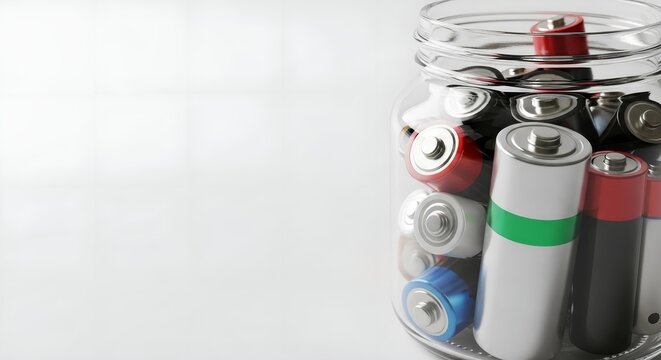 Close-up of a glass jar filled with various used batteries for recycling, on a bright minimalist background with space for text