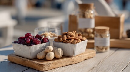 Fototapeta premium Variety of nuts and dried fruits in rustic setting