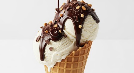 Delicious Vanilla Ice Cream Cone Topped With Chocolate And Nuts