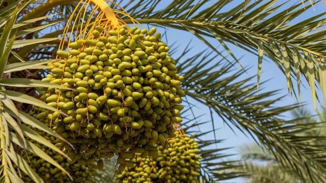 Closeup of a date palm tree with unripe green dates hanging from the branches