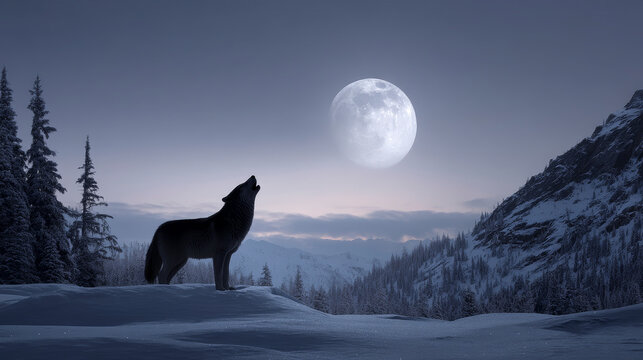 A snowy landscape with a solitary wolf howling under the full moon, snow covering the ground and trees - Powered by Adobe