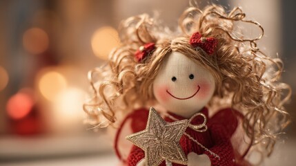 Fototapeta premium Festive Angelic Doll with Star, a Christmas Ornament and Holiday Decoration, Symbolizing Peace and Joy