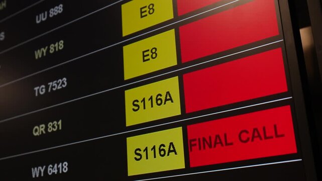 Airplane flight boarding status as "Final call" that showing on the boarding information monitor, request the passenger hurry to the gate. Transportation sign with close-up and selective focus.
