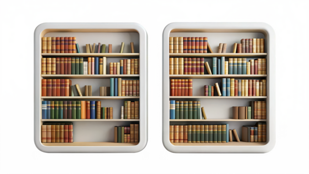 Two bookshelves filled with books isolated on transparent background