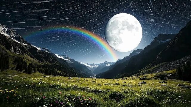 Moon rainbow over mountains landscape at night with stars and flowers scenic view nature 4k on transparent background