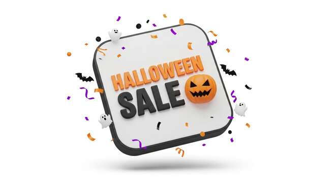 Modern 3D Halloween Sale Icon: Pumpkin, Ghosts, and Bats Confetti Graphic

Minimalist Spooky Halloween Promotion Tag: Isolated Floating Icon Design Orange and Black Halloween E-commerce Button: 3D 