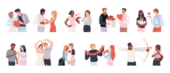 Romantic people with hearts. Funny couples in love, men and women, valentine day, gift exchange, volunteering and charity, gift box and letter envelope tidy vector cartoon isolated set