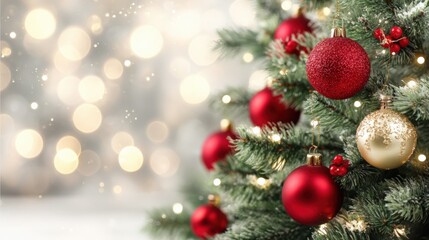 Fototapeta premium Festive Christmas Tree Decorated with Red and Gold Baubles Against Bokeh Lights Background