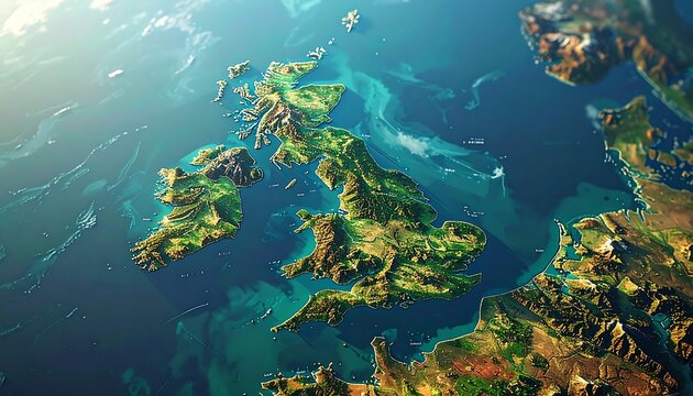 High-angle view of the British Isles in 3D, detailed topography