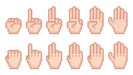 Pixel art fingers counting. Human palm on both sides, count from zero to ten, 8 bit hands icons, retro games assets, communication signs, numbers qualitative vector cartoon isolated set