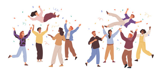 People throw up winners. Tossing in air, happy friends team celebrating success, rejoicing or birthday, team congratulates, holiday party cartoon flat style isolated garish vector set