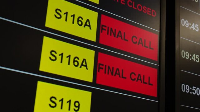 Airplane flight boarding status as "Final call" that showing on the boarding information monitor, request the passenger hurry to the gate. Transportation sign with close-up and selective focus.