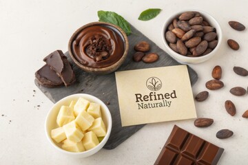 Assorted chocolate products arranged on a stone surface