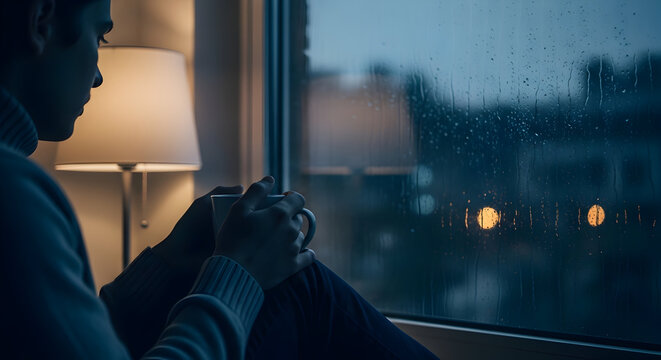 A lone figure finds solace in quiet contemplation, gazing out a rain-streaked window with a warm mug, enveloped in the peaceful ambiance of a cozy evening indoors
