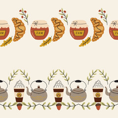 Breakfast Croissants and Tea Vector Seamless Horizontal Borders Set