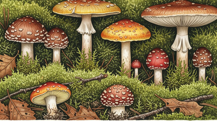 Watercolor Amanita Muscaria and Toadstool Mushrooms on Green Moss