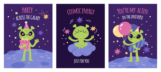 Fototapeta premium Cute aliens cards. Funny inscriptions, ufo humanoids, green little men, happy space characters, cosmos birthday party, poster and print cartoon flat style isolated garish vector set