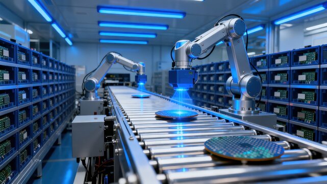 Photo of cleanroom engineer working in a high-tech semiconductor lab.