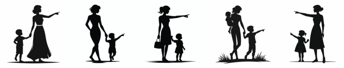 vector silhouette of mother and child pointing at something