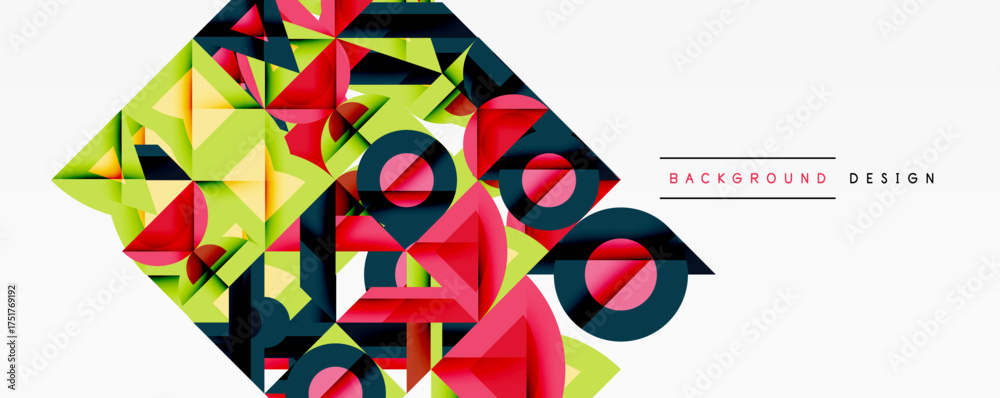 Poster abstract geometric shapes form dynamic composition. bright colors contrast with dark tones, creating