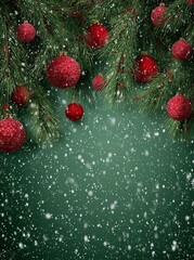 christmas background with pine branches, red christmas ornaments, and falling snowflakes on a green background. 